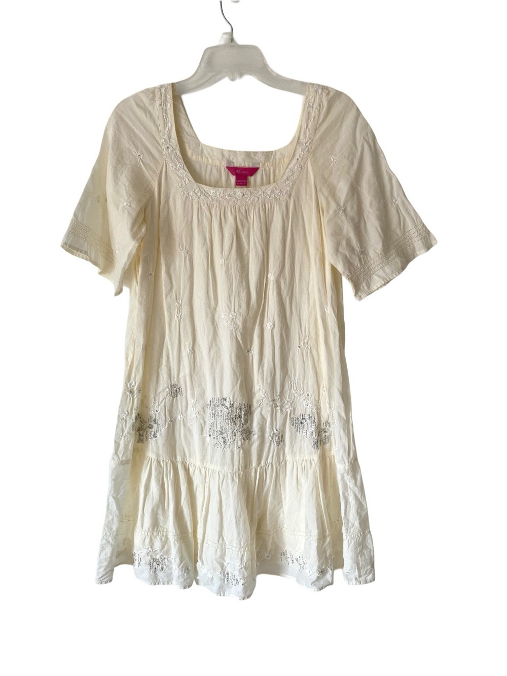 Monsoon Cream Embroidered Sequin Scoop Drop Waist Cotton Dress size 6